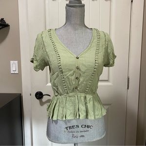 Sweet floral detail soft green blouse